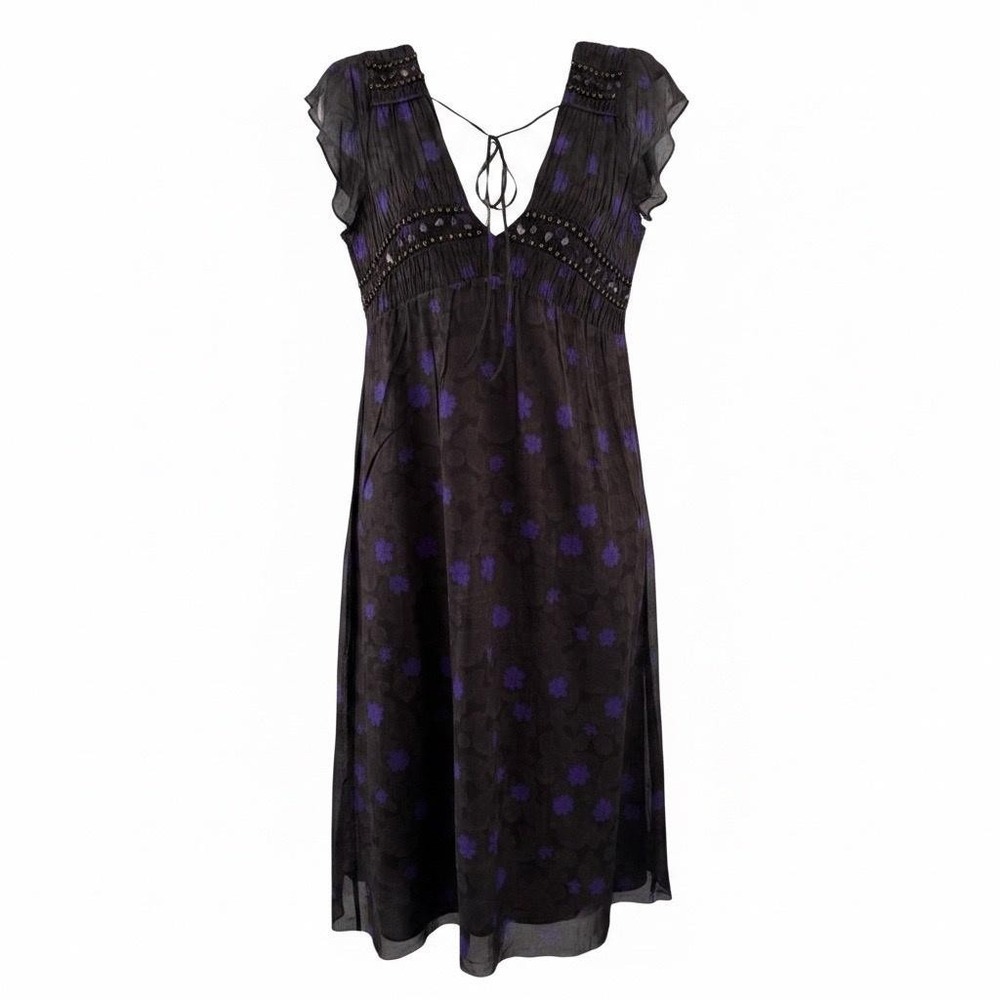 Theory Dress Womens Small Brown Purple Floral Beaded Boho Empire Waist Sundress